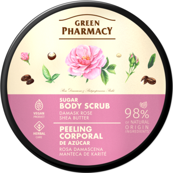 Green Pharmacy cukrowy peeling do ciała Damask Rose Shea Butter, okrągłe opakowanie, widok z góry.