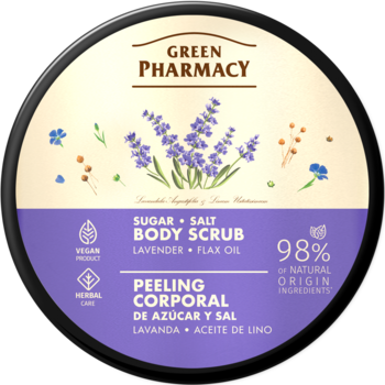 Green Pharmacy peeling cukrowo-solny lawenda i olej lniany, 98% naturalny, widok z góry okrągłego opakowania.