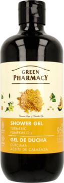 Żel pod prysznic Green Pharmacy z kurkumą i dynią, butelka w kolorze brązowym, widok z przodu.