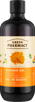 Czarny żel Green Pharmacy Kurkuma i Olejek Dyniowy w butelce, z pomarańczową etykietą, widok z przodu.
