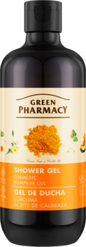 Czarny żel Green Pharmacy Kurkuma i Olejek Dyniowy w butelce, z pomarańczową etykietą, widok z przodu.