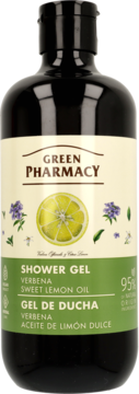 Green Pharmacy Shower Gel Verbena Sweet Lemon Oil, ciemna butelka z zielono-beżową etykietą, widok z przodu.