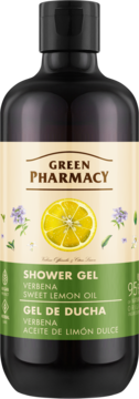 Żel pod prysznic Green Pharmacy z werbeną i cytryną w ciemnej butelce z zielono-beżową etykietą, przód.