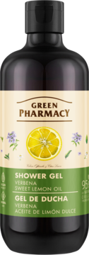Żel pod prysznic Green Pharmacy z werbeną i cytryną w ciemnej butelce z zielono-beżową etykietą, przód.