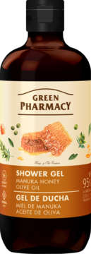 Żel pod prysznic Green Pharmacy z miodem manuka i oliwą z oliwek, widok z przodu ciemnej butelki.