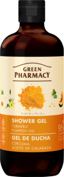 Żel Green Pharmacy Kurkuma i Olej Dyniowy w brązowej butelce, etykieta z kurkumą, widok z przodu.