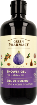 Dark bottle of Green Pharmacy Shower Gel, fig and argan oil on cream and purple label, front view.