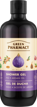 Green Pharmacy żel pod prysznic z figą i olejem arganowym, ciemna butelka, etykieta z fioletową figą.
