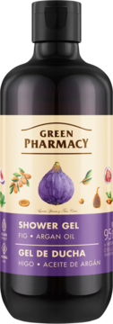 Green Pharmacy żel pod prysznic z figą i olejem arganowym, ciemna butelka, etykieta z fioletową figą.