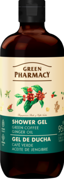 Ciemnobrązowy żel pod prysznic Green Pharmacy: zielona kawa, imbir. Kremowo-turkusowa etykieta, widok z przodu.