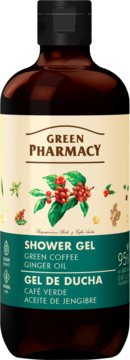 Żel pod prysznic Green Pharmacy z kawą i imbirem w ciemnej butelce, beżowa etykieta z czerwonymi ziarnami kawy, widok z przodu.