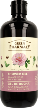 Ciemnobrązowa butelka żelu pod prysznic Green Pharmacy z różą damasceńską i masłem shea, widok z przodu.