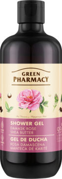 Green Pharmacy żel pod prysznic róża i masło shea. Czarna butelka z kremowo-różową etykietą, przód.