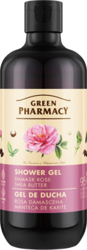 Green Pharmacy żel pod prysznic róża i masło shea. Czarna butelka z kremowo-różową etykietą, przód.