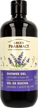 Green Pharmacy żel pod prysznic lawenda-len, czarna butelka z fioletową etykietą i ilustracją lawendy, przód.