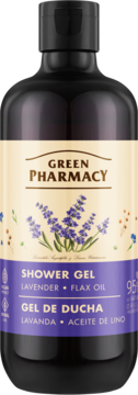 Green Pharmacy żel pod prysznic lawenda, olej lniany, w ciemnej butelce z beżową etykietą i grafiką lawendy.