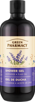 Green Pharmacy żel pod prysznic lawenda, olej lniany, w ciemnej butelce z beżową etykietą i grafiką lawendy.