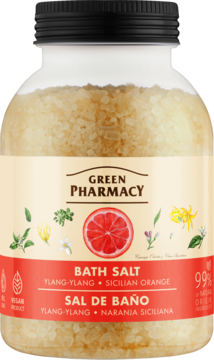 Green Pharmacy sól kąpielowa ylang-ylang sycylijska pomarańcza w słoiku, z beżowo-czerwoną etykietą.