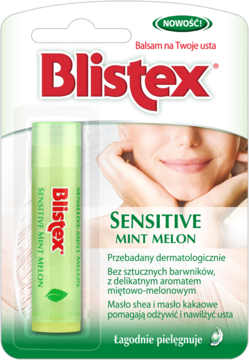 Blistex Sensitive Mint Melon balsam do ust, jasnozielony sztyft w blistrze, dla skóry wrażliwej, widok z przodu.