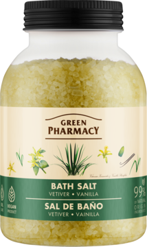 Green Pharmacy sól do kąpieli wetyweria wanilia, jasna granulowana w przezroczystym słoiku, widok z przodu.