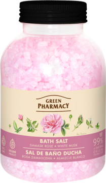 Różowa sól do kąpieli Green Pharmacy Damask Rose & White Musk w przeźroczystej butelce, widok z przodu.