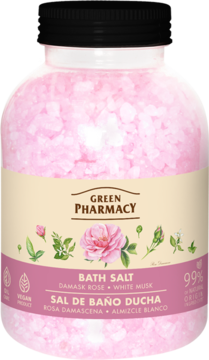 Różowa sól do kąpieli Green Pharmacy Damask Rose & White Musk w przeźroczystej butelce, widok z przodu.