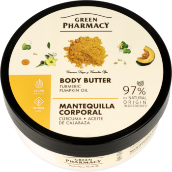 Masło do ciała Green Pharmacy Turmeric Pumpkin Oil, czarny okrągły słoik, widok z góry na beżową etykietę.