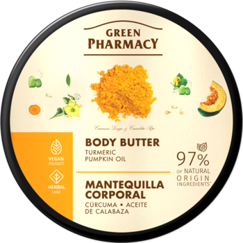 Green Pharmacy masło do ciała z kurkumą i olejem z dyni. Okrągłe, białe wieczko z grafiką kurkumy, 97% natury, widok z góry.