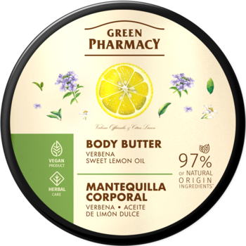 Okrągłe masło do ciała Green Pharmacy Werbena-Cytryna, z wizerunkiem cytryny i kwiatów werbeny na etykiecie.