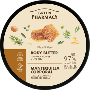 Okrągła etykieta Green Pharmacy Body Butter Manuka Honey Olive Oil, brązowo-złota z ilustracjami miodu i liści.
