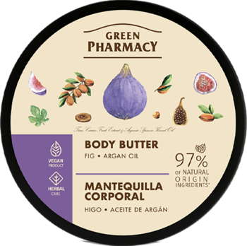 Okragłe wieczko Green Pharmacy Body Butter Fig + Argan Oil, ilustracje fig i arganu, 97% naturalne.