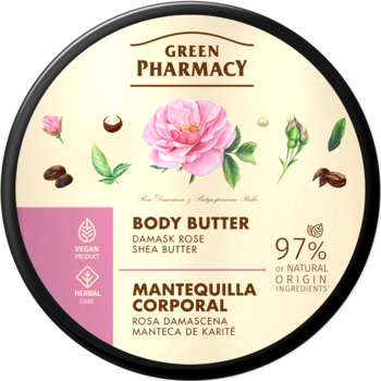 Okładka Green Pharmacy masło do ciała, róża damasceńska i masło shea. Biała etykieta z różowym kwiatem, vegan.