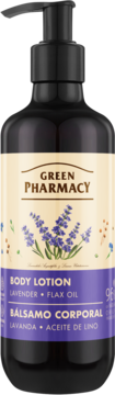 Balsam do ciała Green Pharmacy Lawenda & Olej Lniany w ciemnej butelce z czarną pompką, front, etykieta z fioletową lawendą.