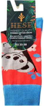Skarpetki HESE z białym misiem koala na czerwonym tle i niebieskimi detalami, z metką EU 35-38.