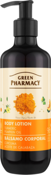 Balsam do ciała Green Pharmacy kurkuma i dynia, ciemna butelka z pompką, pomarańczowo-beżowa etykieta.