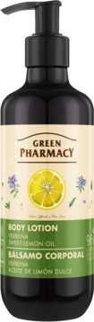 Balsam do ciała Green Pharmacy Verbena Sweet Lemon Oil. Ciemna butelka z czarną pompką, etykieta z cytryną, widok z przodu.