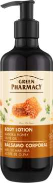 Balsam do ciała Green Pharmacy Manuka Honey i Olive Oil w ciemnej butelce z pompką, widok z przodu.