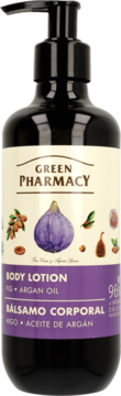 Green Pharmacy balsam do ciała z figą i olejkiem arganowym w ciemnej butelce z pompką, widok z przodu.