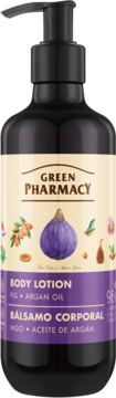Green Pharmacy Body Lotion figa + olejek arganowy, ciemna butelka z pompką, beżowo-fioletowa etykieta, widok z przodu.