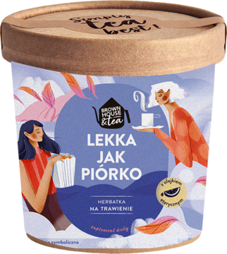 Cylindryczna herbata ziołowa Lekka jak piórko Brown House & Tea, na trawienie, niebieskie opakowanie z wróżkami.
