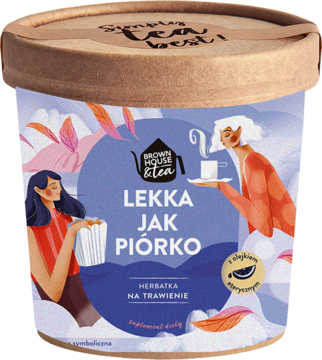 Cylindryczna herbata ziołowa Lekka jak piórko Brown House & Tea, na trawienie, niebieskie opakowanie z wróżkami.
