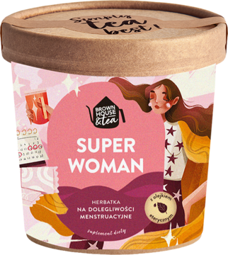 Herbatka Super Woman na menstruację w brązowym pojemniku, różowa etykieta z ilustracją kobiety i kalendarza, widok z przodu.