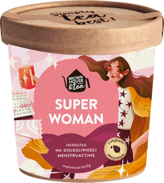 Herbatka Super Woman na menstruację w brązowym pojemniku, różowa etykieta z ilustracją kobiety i kalendarza, widok z przodu.