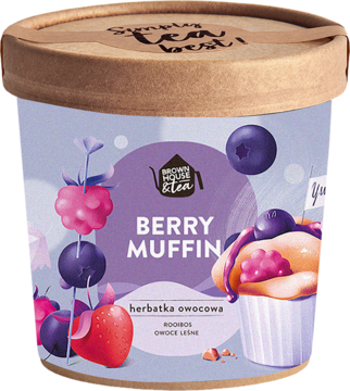 Fioletowy pojemnik herbaty Berry Muffin z rooibosem, z ilustracjami owoców i babeczki, widok z przodu.