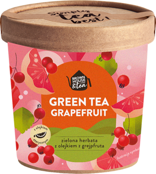 Pojemnik herbaty Green Tea Grapefruit, różowo-zielona etykieta z owocami, widok z przodu, brązowa pokrywka.