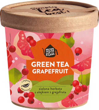 Pojemnik herbaty Green Tea Grapefruit, różowo-zielona etykieta z owocami, widok z przodu, brązowa pokrywka.