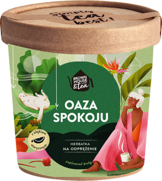 Oaza Spokoju Brown House & Tea, ziołowa herbata na odprężenie w brązowej tubie z zieloną etykietą, widok z przodu.