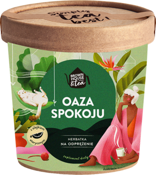 Oaza Spokoju Brown House & Tea, ziołowa herbata na odprężenie w brązowej tubie z zieloną etykietą, widok z przodu.