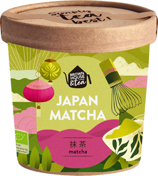 Cylindryczne opakowanie Japan Matcha Brown House & Tea, zielono-różowa etykieta z japońskimi wzorami.