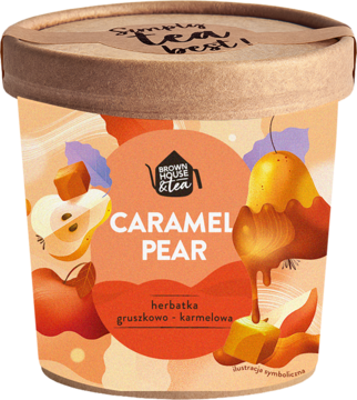Herbata owocowa Caramel Pear w okrągłym kartonowym pojemniku z ilustracjami gruszek i karmelu, widok z przodu.